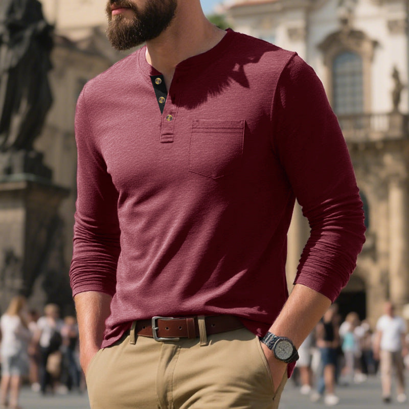 Herren Langarm-Henley-Shirt aus weichem Baumwollmix mit praktischer Brusttasche