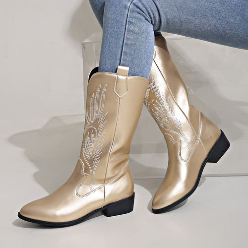 Damen Cowgirl-Kniehoher Stiefel mit dekorativer Stickerei, Pull‑Tabs und komfortablem Blockabsatz Shop Nory