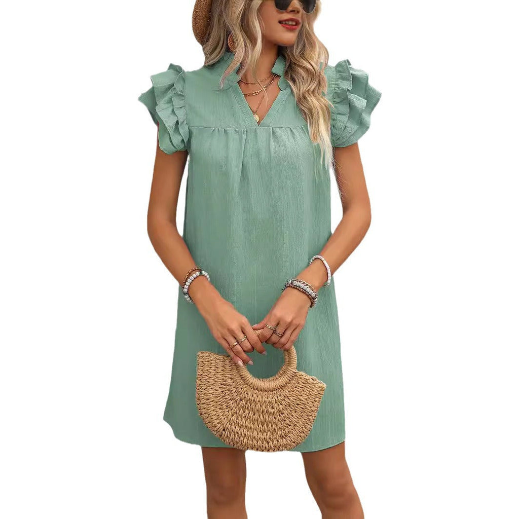 Damen elegantes Kurzarm-Kleid mit Rüschendetails und V-Ausschnitt