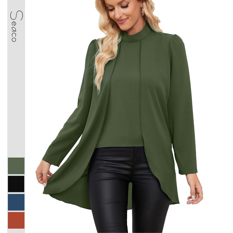 Damen Lässige Chiffon-Bluse mit Stehkragen und verlängertem Schößchen-Detail Shop Nory