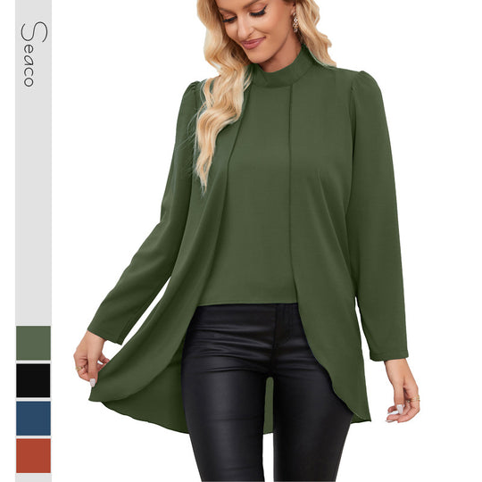 Damen Lässige Chiffon-Bluse mit Stehkragen und verlängertem Schößchen-Detail Shop Nory