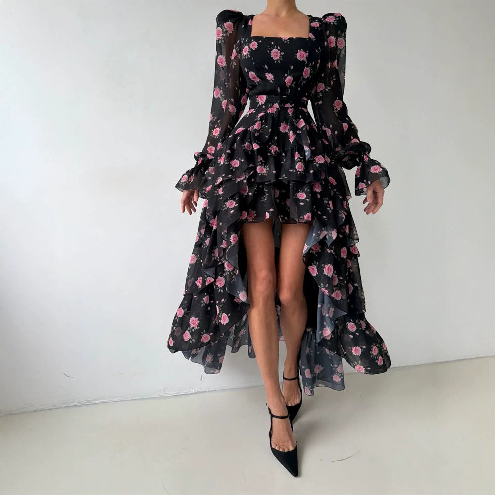 Damen Maxikleid mit geschichtetem Volant-High-Low-Saum, quadratischem Ausschnitt und transparenten Puffärmeln Shop Nory