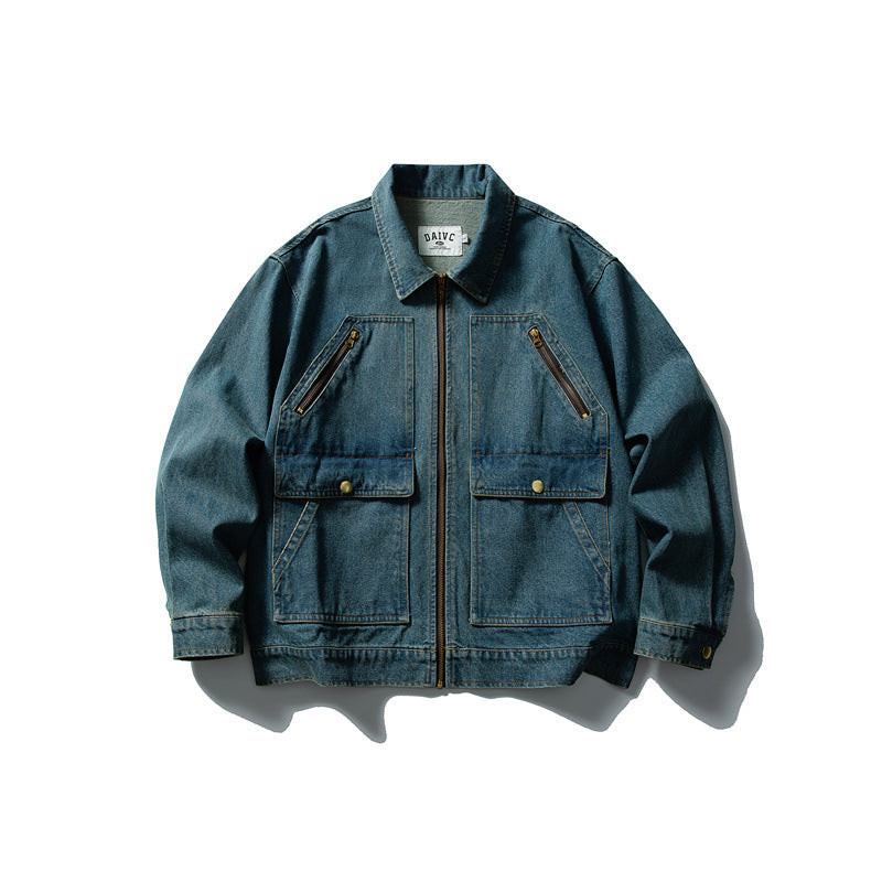 Unisex Boxy Denim Utility Blousonjacke mit mehreren Fronttaschen und robustem Reißverschluss Shop Nory