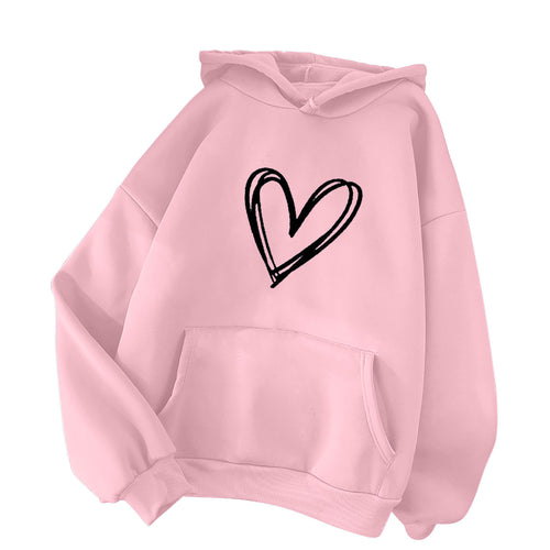 Damen nan oversized Kapuzenpullover mit handgezeichnetem Herzprint, Kängurutasche und weichem Fleece-Innenfutter Shop Nory