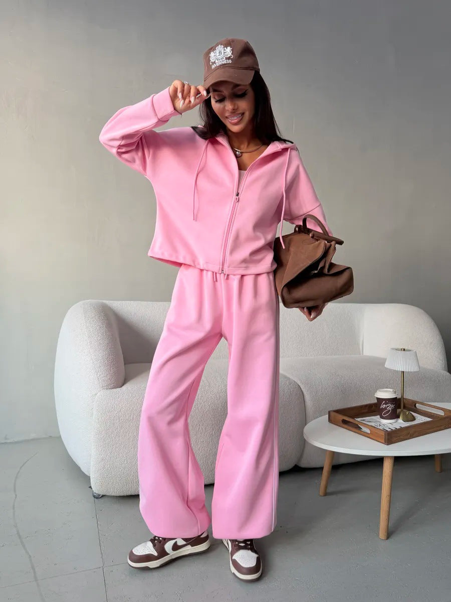 Damen lässiges Lounge-Set aus French-Terry mit Kurzzip-Hoodie und High-Waist Wide-Leg Jogginghose mit Kontrastpaspel Shop Nory