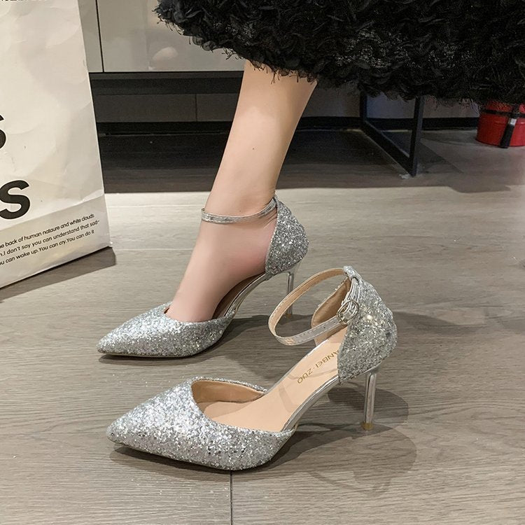 Damen elegante Spitzen High Heels mit transparentem Riemen