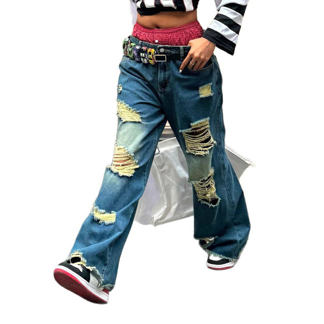 Damen weite Destroyed-Baggy-Jeans mit großflächigen Fransenrissen und relaxed Fit Shop Nory