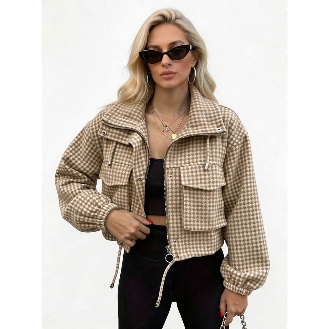 Damen Karo-Cropped-Jacke mit Stehkragen, Tunnelzug und elastischen Bündchen Shop Nory