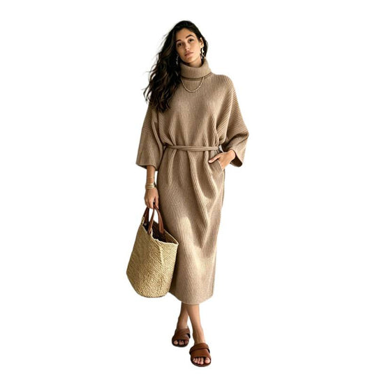 Damen Midikleid aus Rippstrick mit Rollkragen, Bindegürtel und Eingrifftaschen Shop Nory