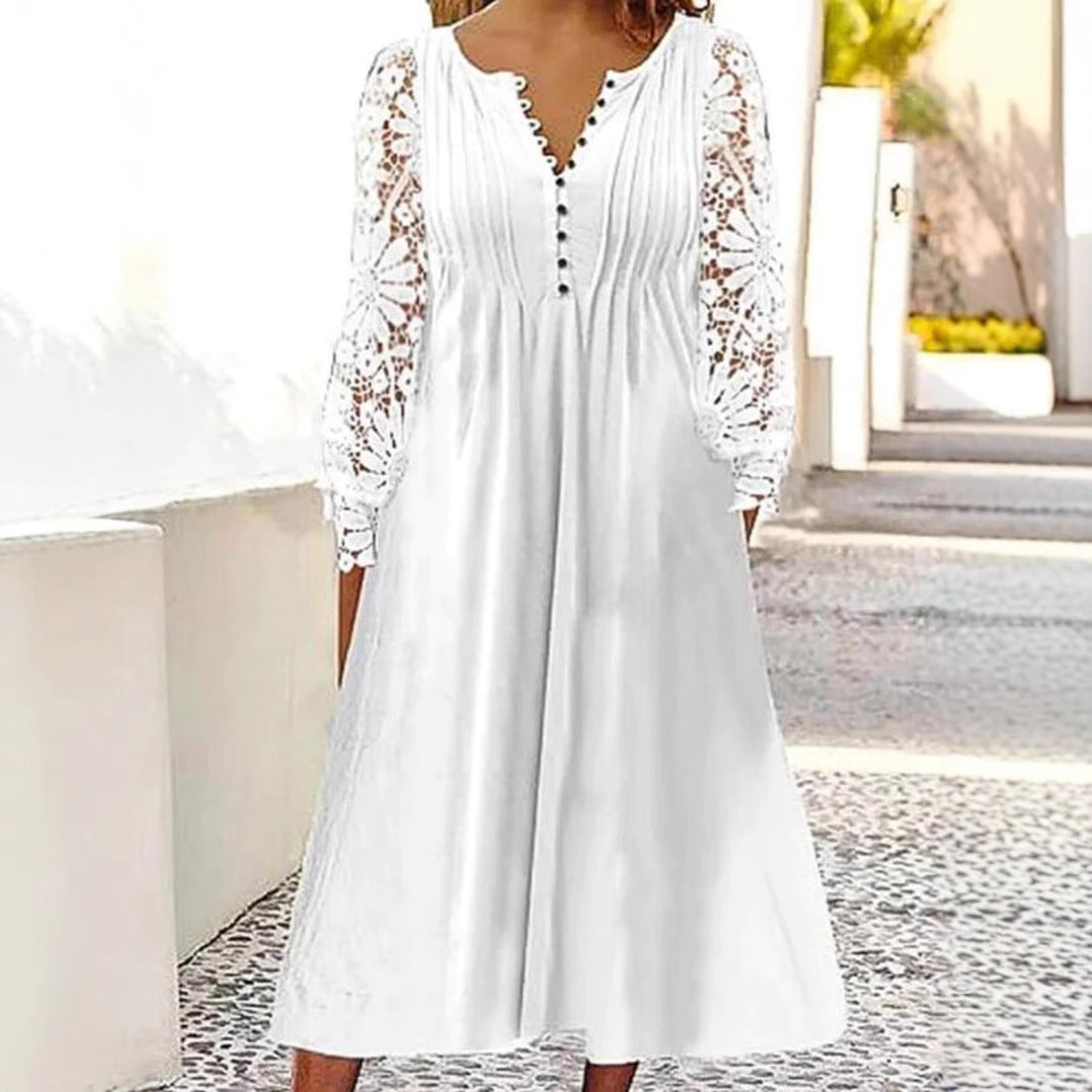 Damen Midikleid mit eleganter Lochspitzenärmel und Knopfleiste