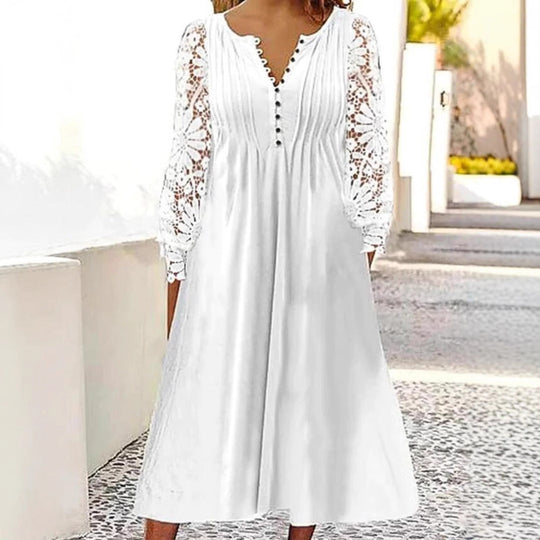 Damen Midikleid mit eleganter Lochspitzenärmel und Knopfleiste