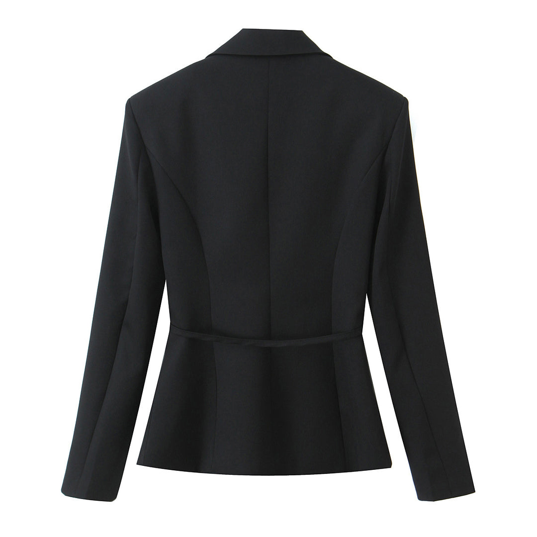 Damen Zweiteiliges tailliertes Blazer- und Midaxi-Rock-Set mit Rosenapplikation am Gürtel und Polka-Dot‑Rock Shop Nory
