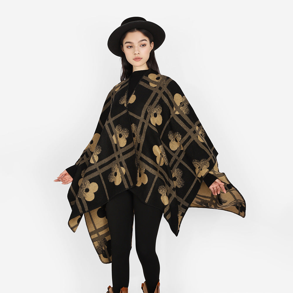 Damen Grobgewebter Deckenponcho im Ruana‑Schnitt mit floraler Karo‑Jacquard Shop Nory
