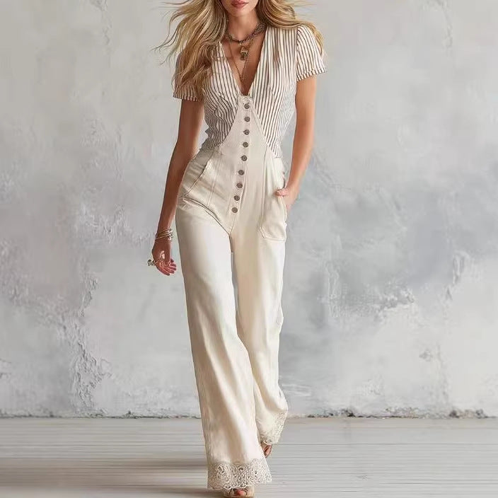 Damen Taillierter Jumpsuit mit V-Ausschnitt, Knopfleiste und Spitzenbesatz Shop Nory