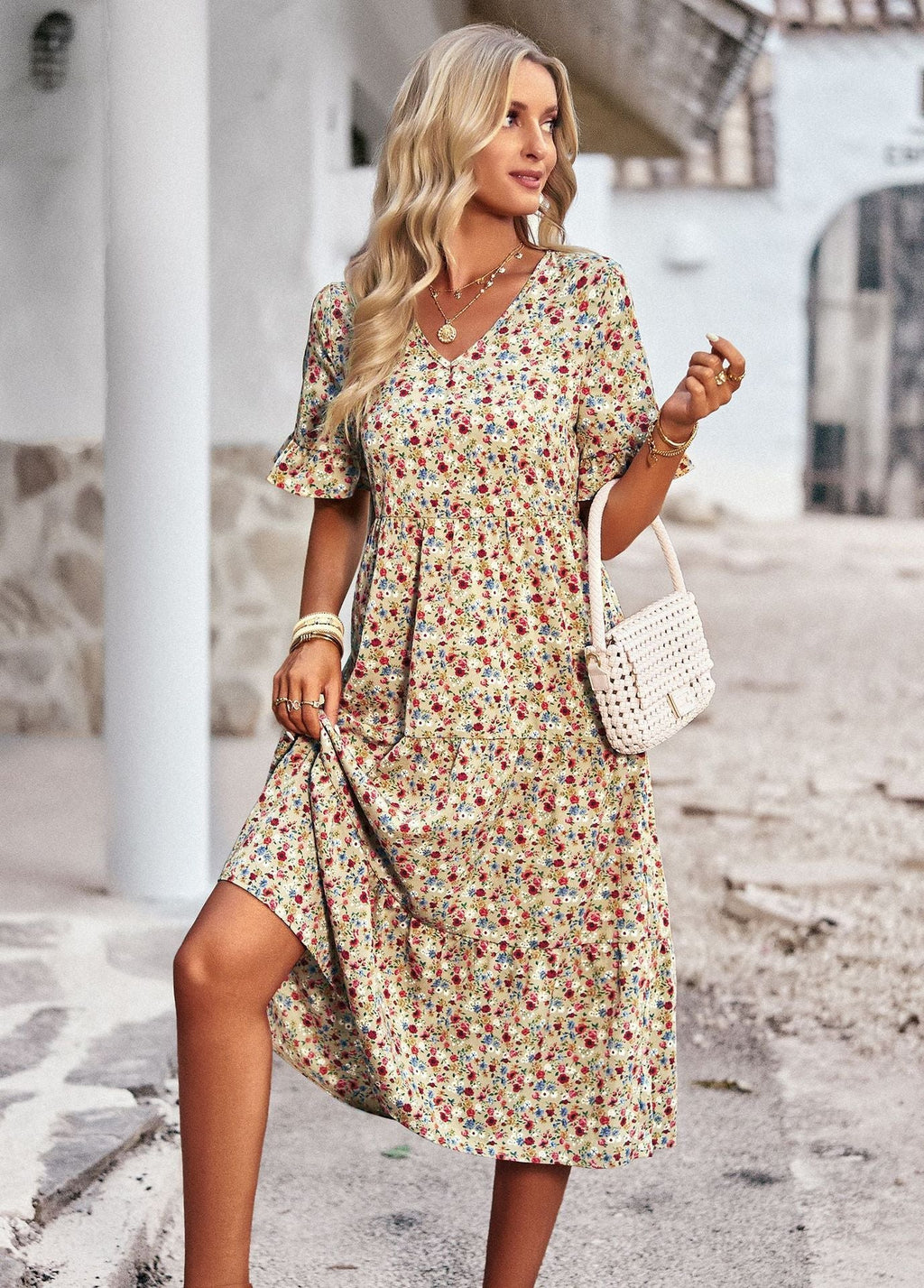 Damen Midi-Kleid mit Floralem Muster und Verspieltem V-Ausschnitt