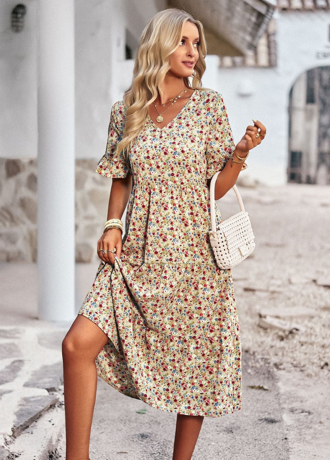 Damen Midi-Kleid mit Floralem Muster und Verspieltem V-Ausschnitt