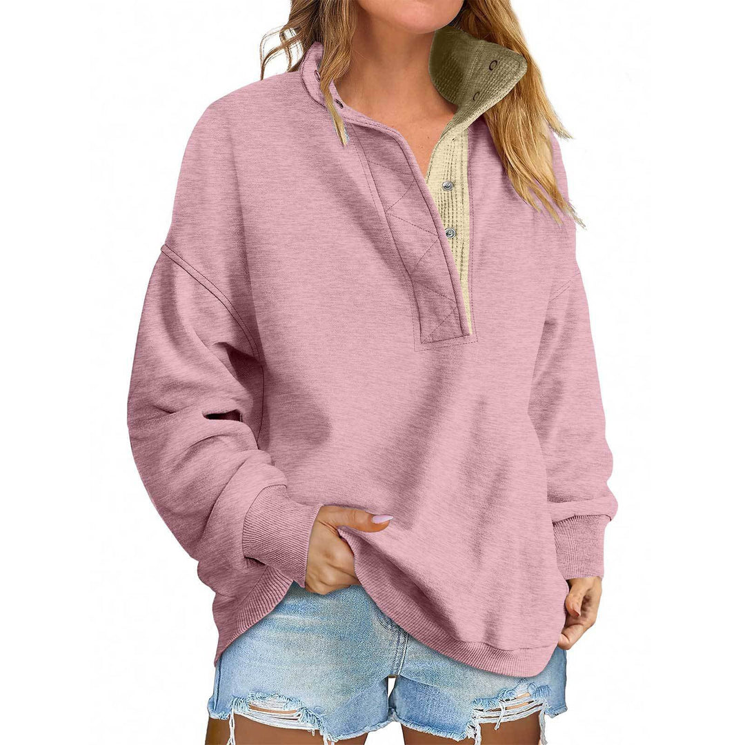 Damen Oversize-Henley-Sweatshirt mit Stehkragen und Druckknopfleiste Shop Nory