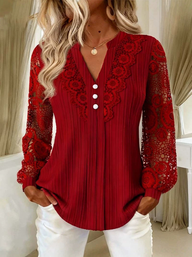 Damen Elegante Plissée-Bluse mit Spitzenärmeln und V-Ausschnitt Shop Nory