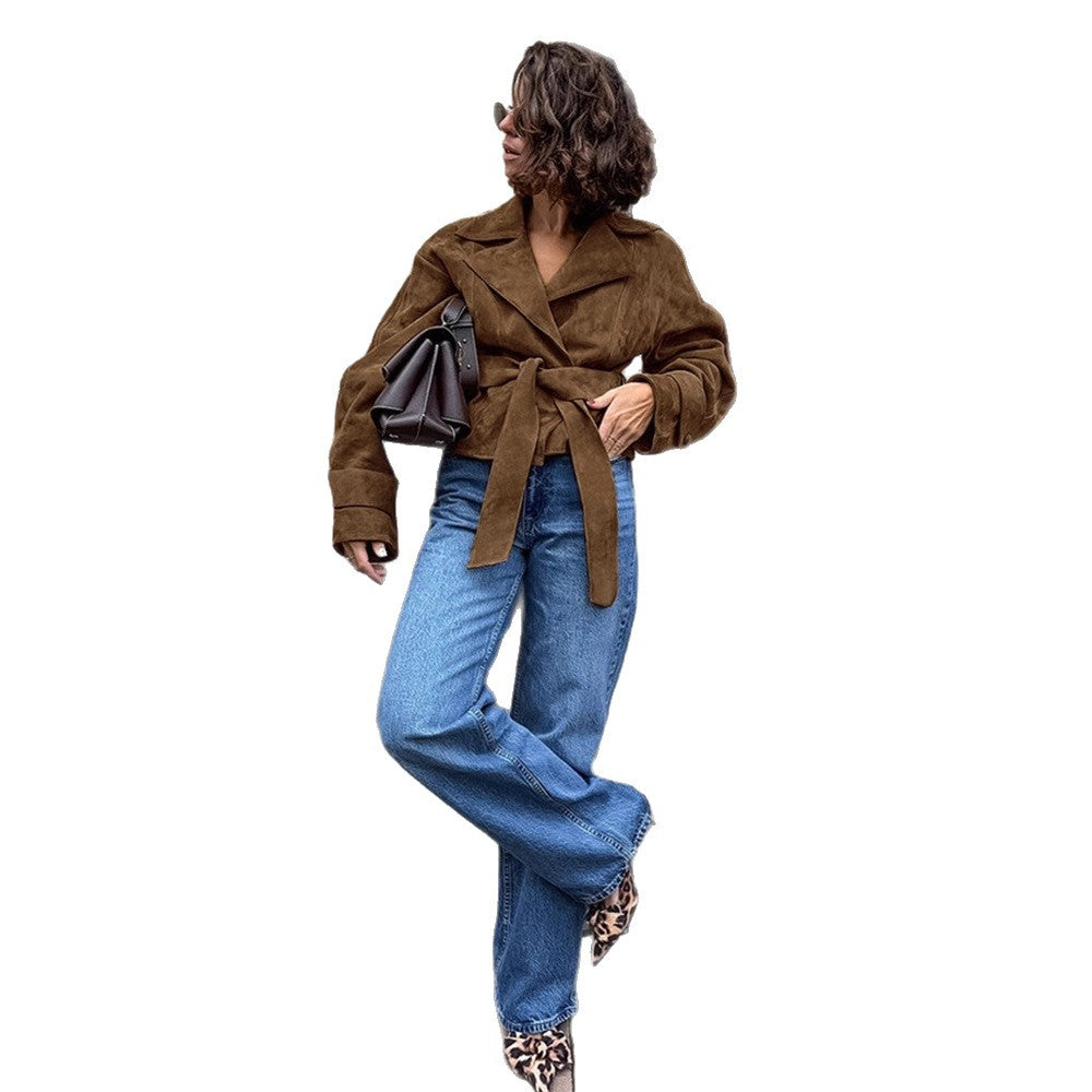 Damen Kurzblouson aus Wildleder‑Look mit Bindegürtel und kastiger Silhouette Shop Nory