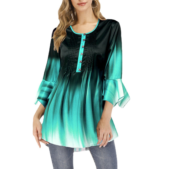 Damen Tunika-Bluse mit Kellerfalten, Schlitzknopfleiste und Glockenärmeln Shop Nory