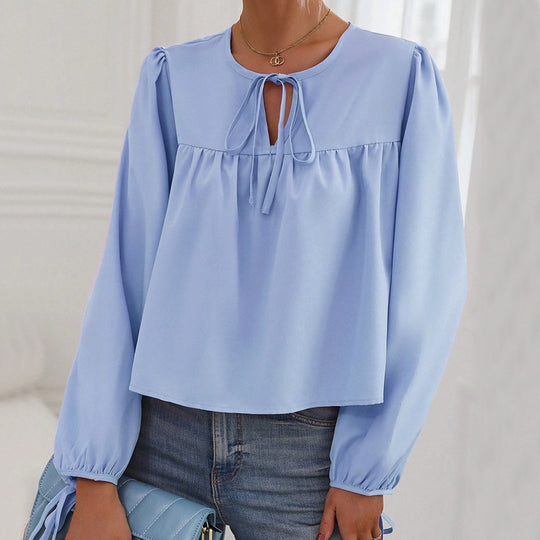 Damen lockere Bluse mit gerüschtem Einsatz, Bindeschleife am Ausschnitt und Kordelärmeln Shop Nory