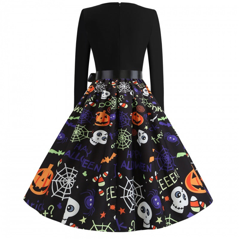 Damen Swingkleid mit Halloween-Print, taillierter Satin-Schärpe und langem Ärmel Shop Nory
