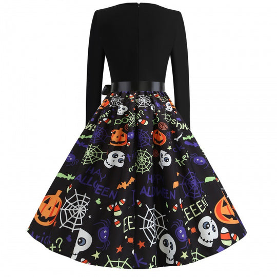 Damen Swingkleid mit Halloween-Print, taillierter Satin-Schärpe und langem Ärmel Shop Nory