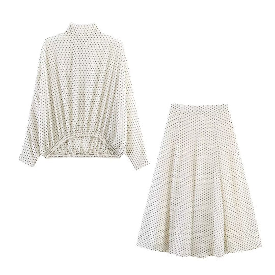 Damen Zweiteiliges Pünktchen-Set mit Stehkragenbluse und ausgestelltem Midirock Shop Nory