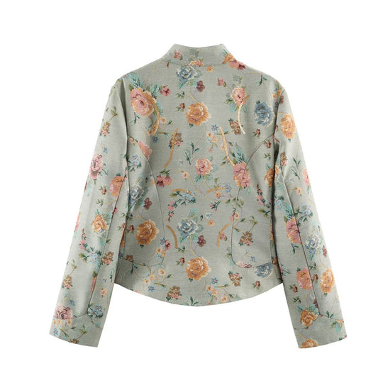 Damen Bestickte Jacquard-Kurzjacke mit Mandarin-Kragen und aufgesetzten Klappentaschen Shop Nory