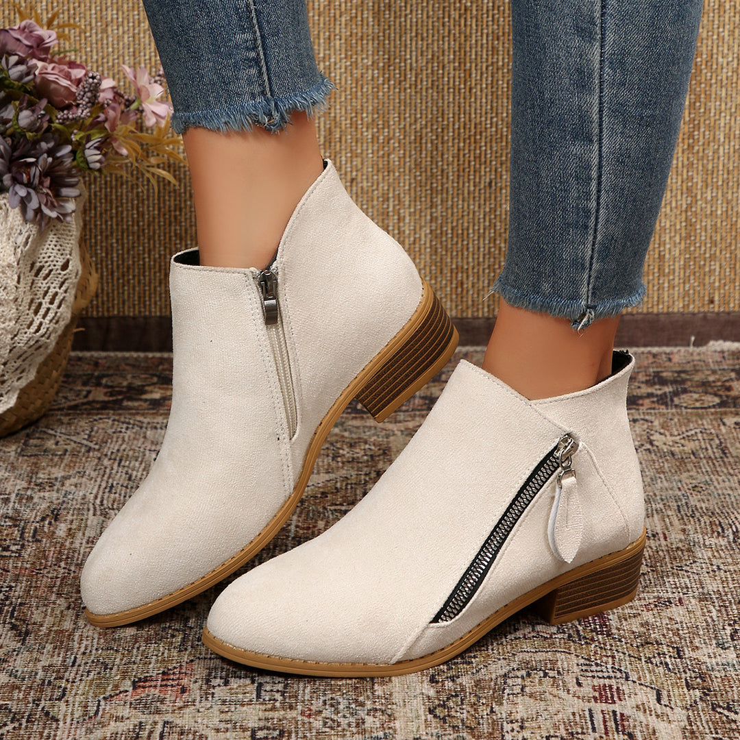 Damen Moderne Kurzschaft-Stiefelette mit sichtbarem Metallreißverschluss und niedriger Holzoptik-Blocksohle Shop Nory