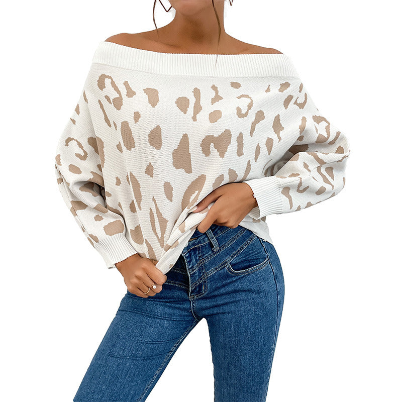 Damen Carmenpullover im Leoparden-Jacquard Oversize mit weitem Ausschnitt Shop Nory