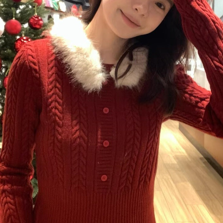 Damen Eleganter Strickpullover mit Kunstfellkragen Shop Nory