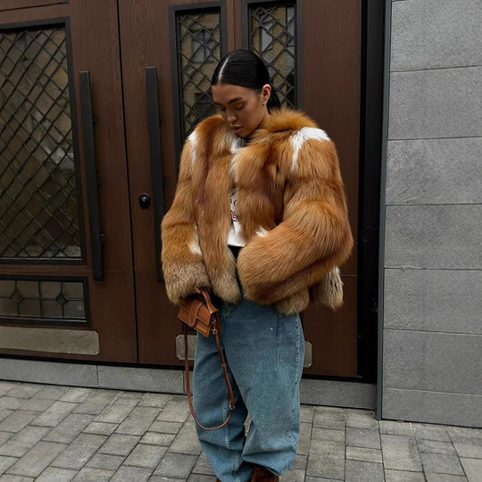 Damen Boxy-Kurzmantel im Multi-Layer Fauxfur-Look mit voluminösen Ärmeln Shop Nory