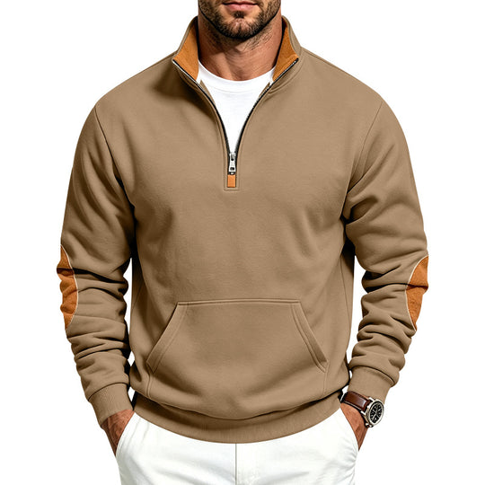 Herren Sweatshirt mit halbem Reißverschluss, Stehkragen und Ellenbogen-Patches Shop Nory