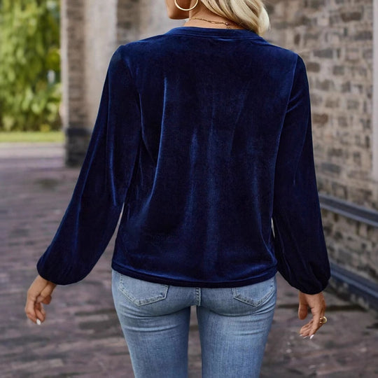 Damen Samtsweatshirt mit Henley-Knopfleiste, geraffter Brustpasse und lockerer Silhouette Shop Nory