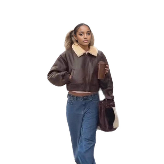 Damen Oversized Fliegerjacke im Biker-Bomber-Stil mit Teddykragen Shop Nory