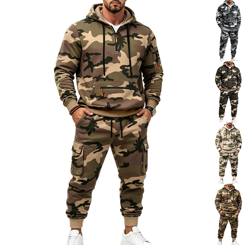 Herren Camouflage Kapuzensweatshirt- und Jogginghose Set mit Cargo-Taschen und Reißverschlüssen Shop Nory