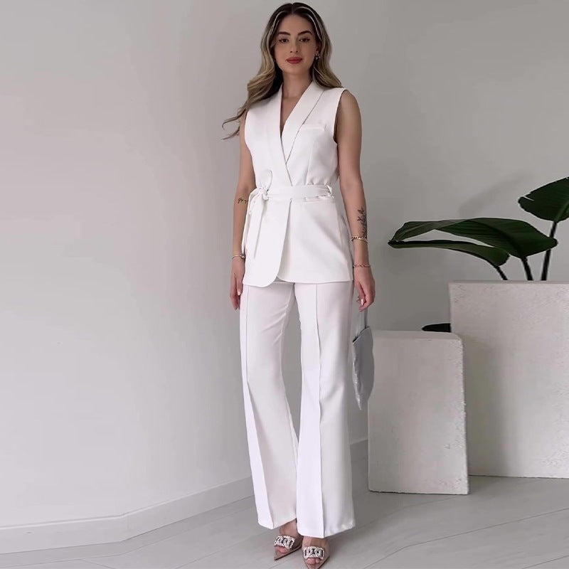 Damen Ärmelloses Blazer-Set mit tailliertem Bindegürtel und High-Waist Schlaghose Shop Nory