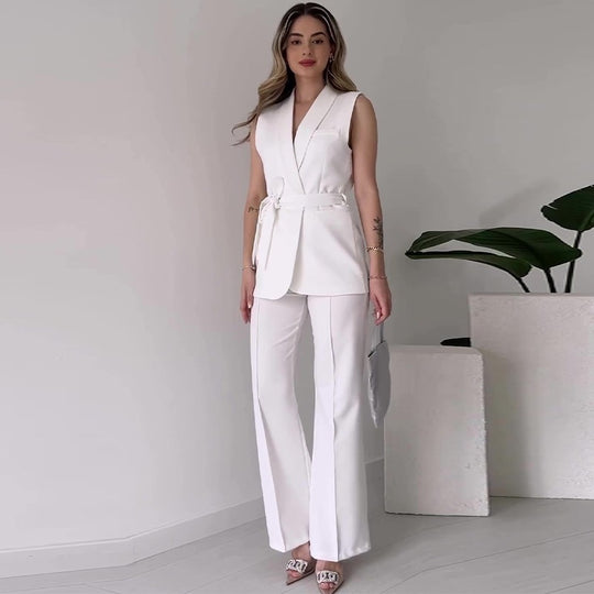 Damen Ärmelloses Blazer-Set mit tailliertem Bindegürtel und High-Waist Schlaghose Shop Nory