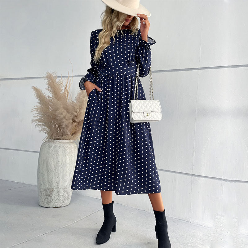 Damen Gepunktetes Midikleid mit geraffter Taille und Ballonärmeln Shop Nory