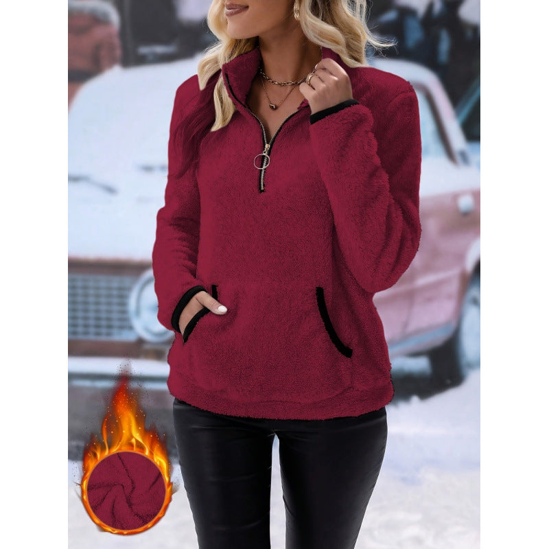 Damen flauschiger Fleece-Kuschelpullover mit halbem Reißverschluss, Kängurutasche und Stehkragen Shop Nory