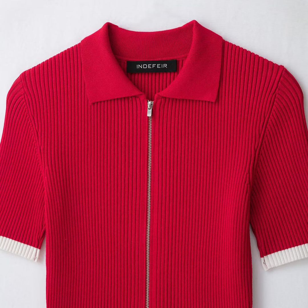 Damen Gerippte Kurzarm-Polo-Strickjacke mit durchgehendem Reißverschluss Shop Nory
