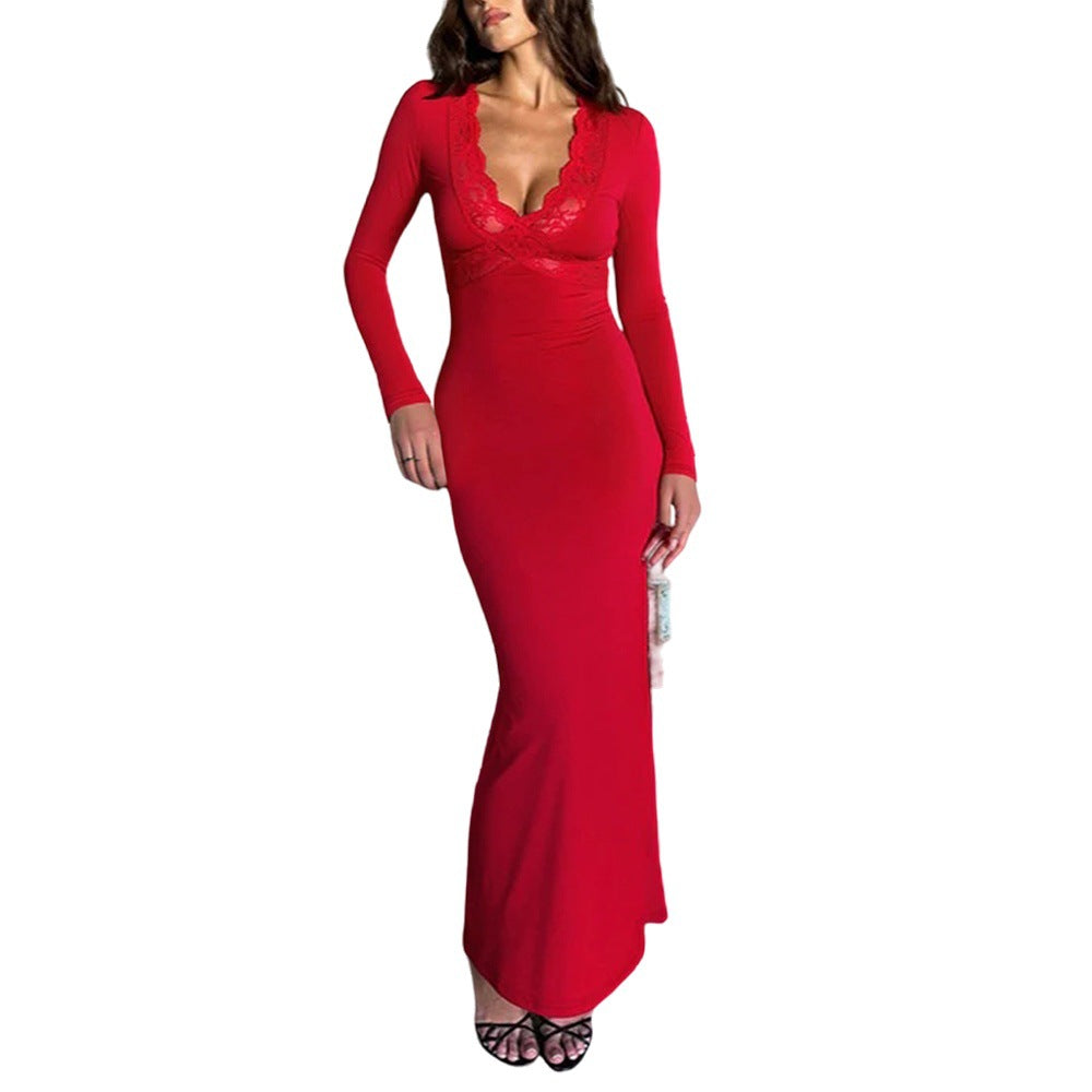 Damen figurbetontes Maxikleid mit Spitzen-Bustier tiefem V-Ausschnitt und taillierter Empire-Naht Shop Nory
