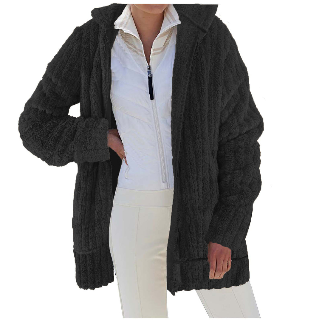 Damen Oversize Teddy‑Fleece Kapuzenmantel mit Rippbündchen und Eingrifftaschen Shop Nory