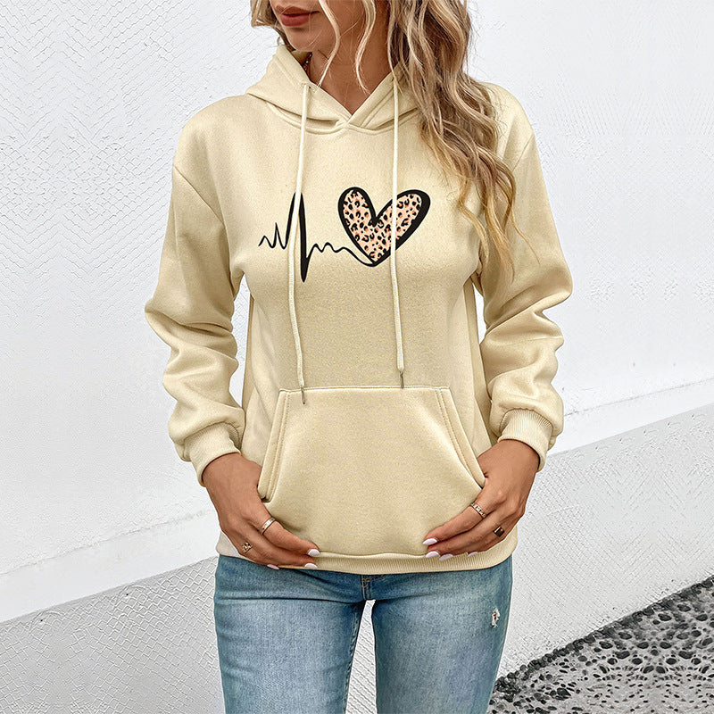 Damen Kapuzenpullover mit Herz‑EKG‑Print, Kängurutasche und lockerer Passform Shop Nory