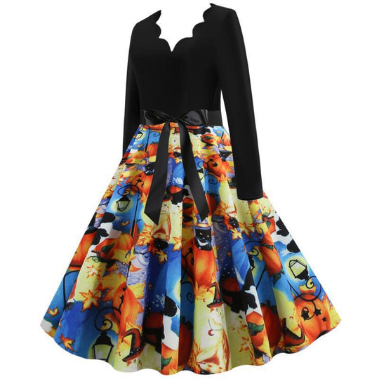 Damen Retro Swingkleid mit gewelltem Ausschnitt, langen Ärmeln und Halloween-Print Tellerrock Shop Nory