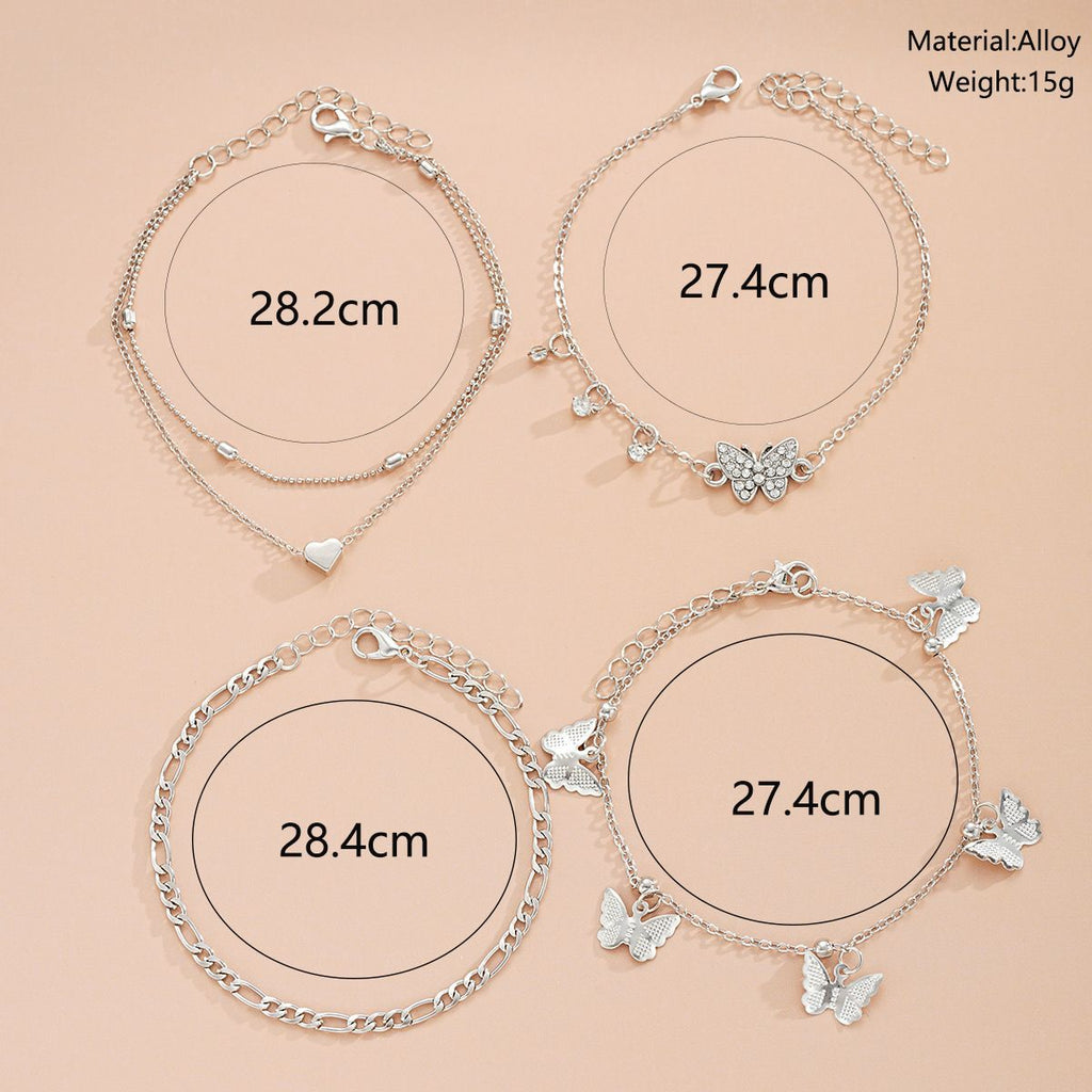 Damen Fußkettchen mit filigranen Schmetterlings- und Herzanhängern Shop Nory