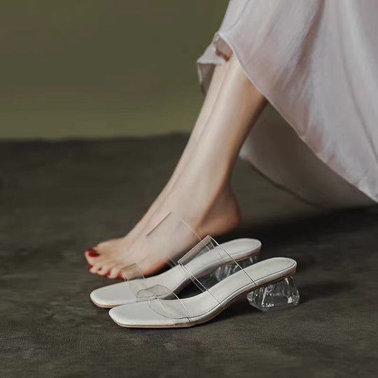Damen Minimalistische Doppelriemen Mules mit transparentem Obermaterial und geometrischem Blockabsatz Shop Nory