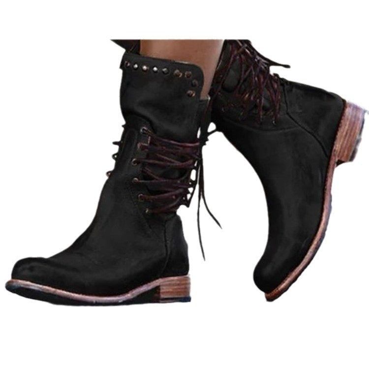 Damen Lederstiefel mit Schnürung und Nieten