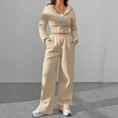 Damen nan kurzes Kapuzen-Sweatshirt mit Reißverschluss und weite High-Waist Jogginghose Shop Nory